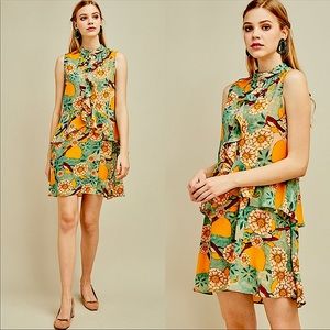 Orange Yellow Floral Print Halter Midi Dress